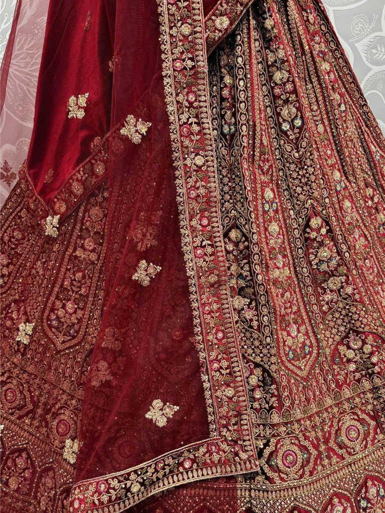 Captivating Red Embroidered Velvet Bridal Lehenga Choli With Double Dupatta - Ethnic Plus In