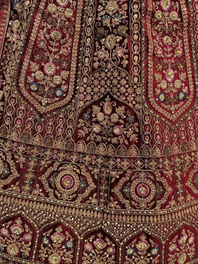 Captivating Red Embroidered Velvet Bridal Lehenga Choli With Double Dupatta - Ethnic Plus In