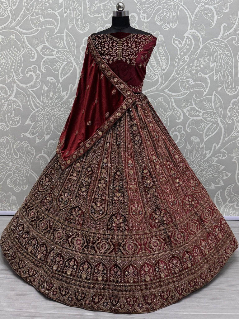 Captivating Red Embroidered Velvet Bridal Lehenga Choli With Double Dupatta - Ethnic Plus In