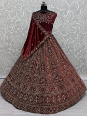 Captivating Red Embroidered Velvet Bridal Lehenga Choli With Double Dupatta - Ethnic Plus In