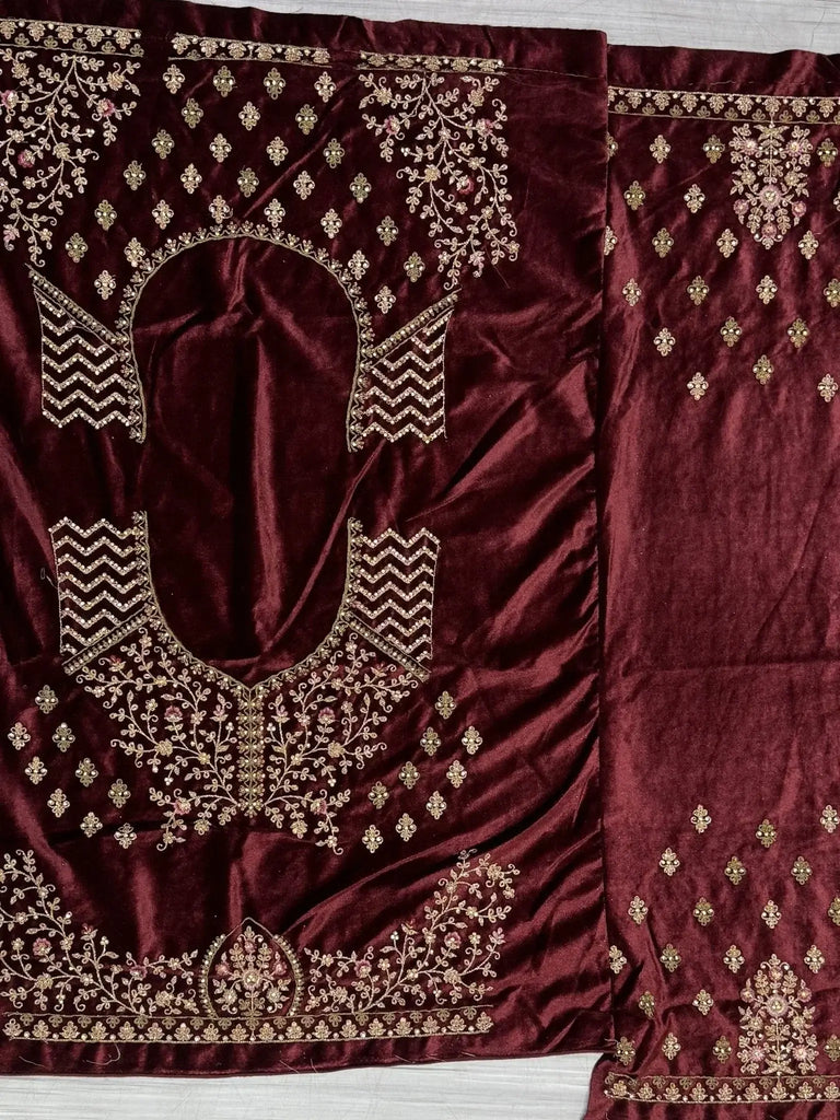 Captivating Red Embroidered Velvet Bridal Lehenga Choli With Double Dupatta - Ethnic Plus In