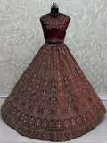 Captivating Red Embroidered Velvet Bridal Lehenga Choli With Double Dupatta - Ethnic Plus In