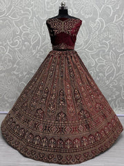 Captivating Red Embroidered Velvet Bridal Lehenga Choli With Double Dupatta - Ethnic Plus In