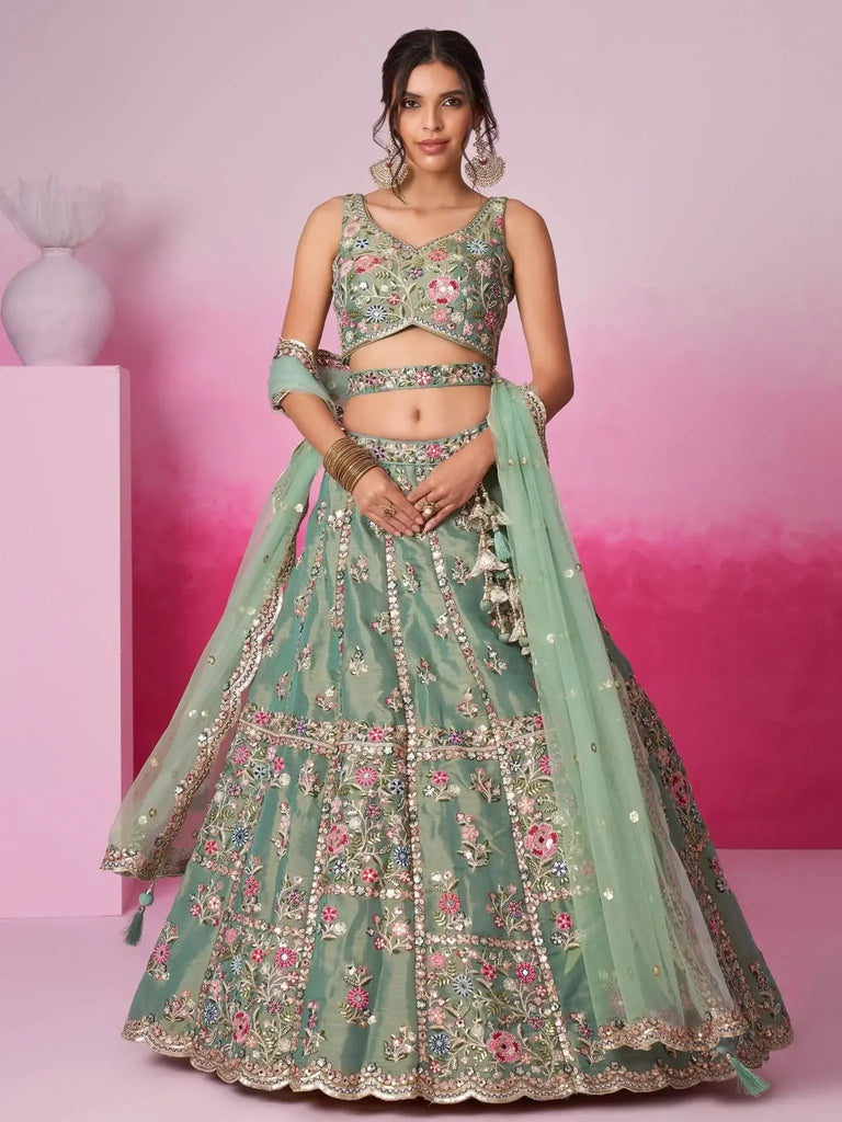 Captivating Sea Green Sequins Silk Engagement Wear Lehenga Choli - Ethnic Plus In