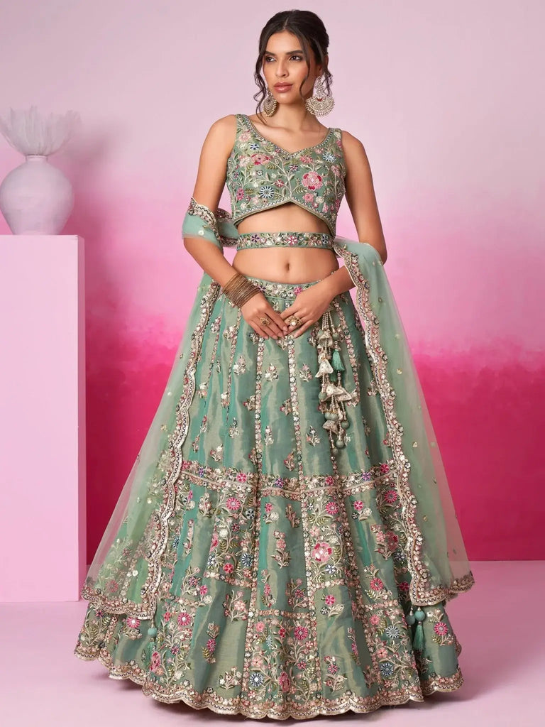 Captivating Sea Green Sequins Silk Engagement Wear Lehenga Choli - Ethnic Plus In