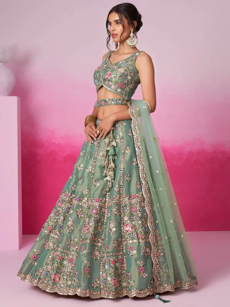 Captivating Sea Green Sequins Silk Engagement Wear Lehenga Choli - Ethnic Plus In