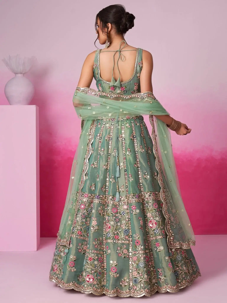 Captivating Sea Green Sequins Silk Engagement Wear Lehenga Choli - Ethnic Plus In