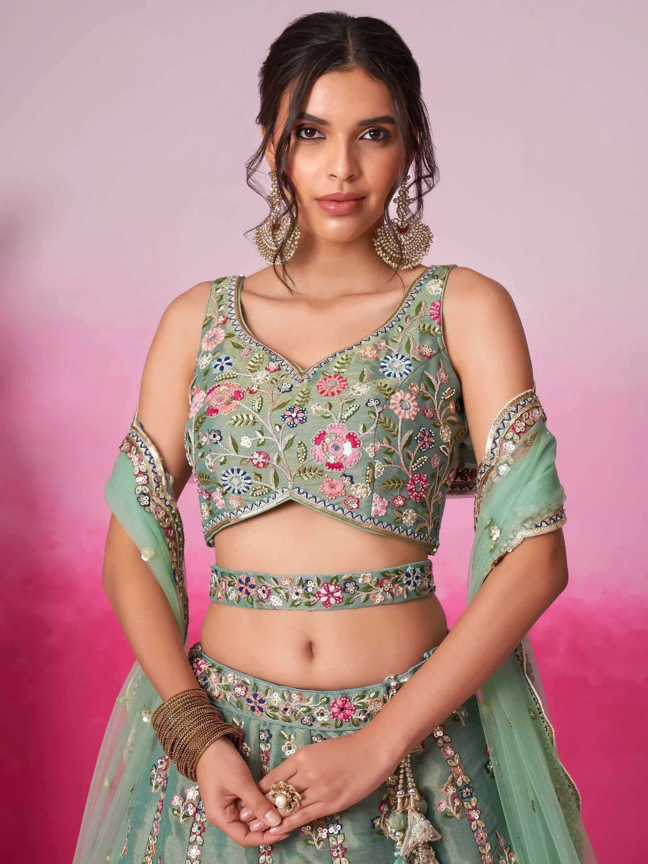 Mint green floral embroidered lehenga choli with dupatta, perfect for Indian ethnic wear occasions.