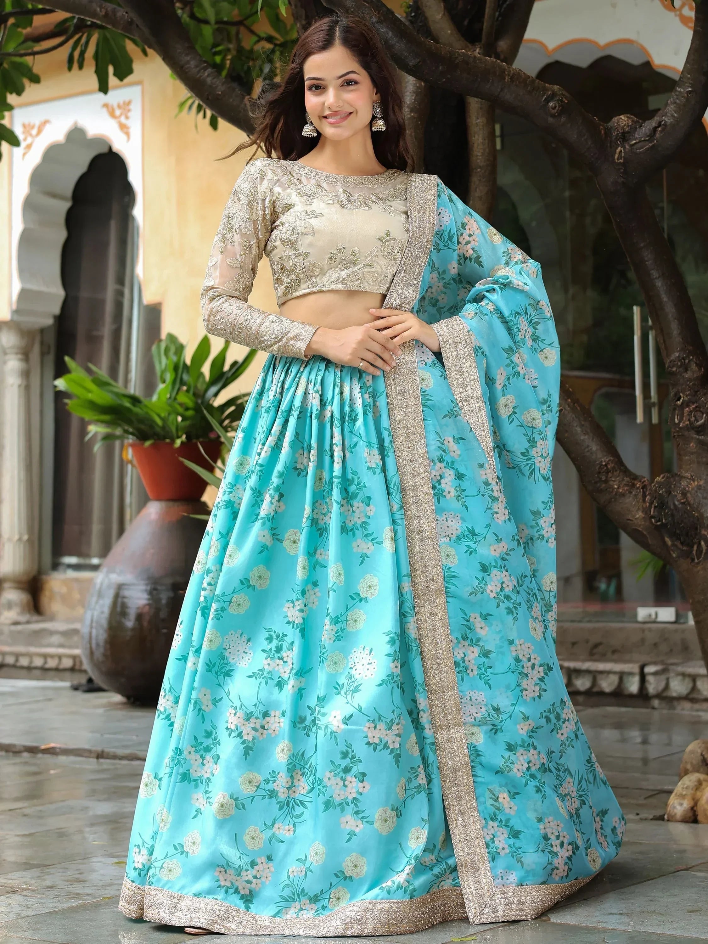 Captivating Sky Blue Floral Print Organza Function Wear Lehenga Choli - Ethnic Plus In