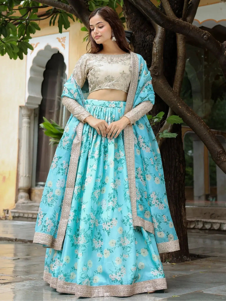 Captivating Sky Blue Floral Print Organza Function Wear Lehenga Choli - Ethnic Plus In