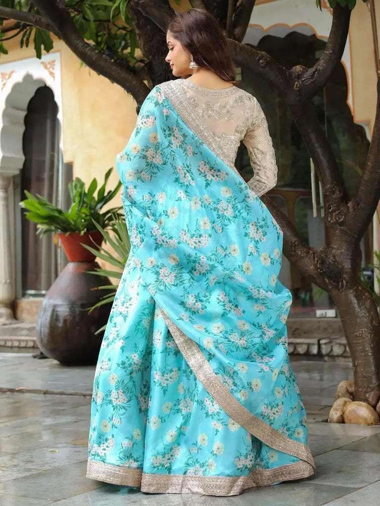 Captivating Sky Blue Floral Print Organza Function Wear Lehenga Choli - Ethnic Plus In