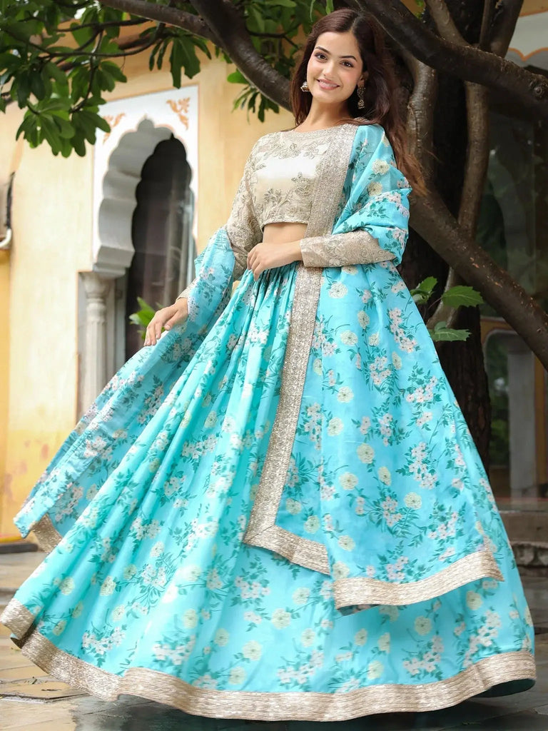 Captivating Sky Blue Floral Print Organza Function Wear Lehenga Choli - Ethnic Plus In