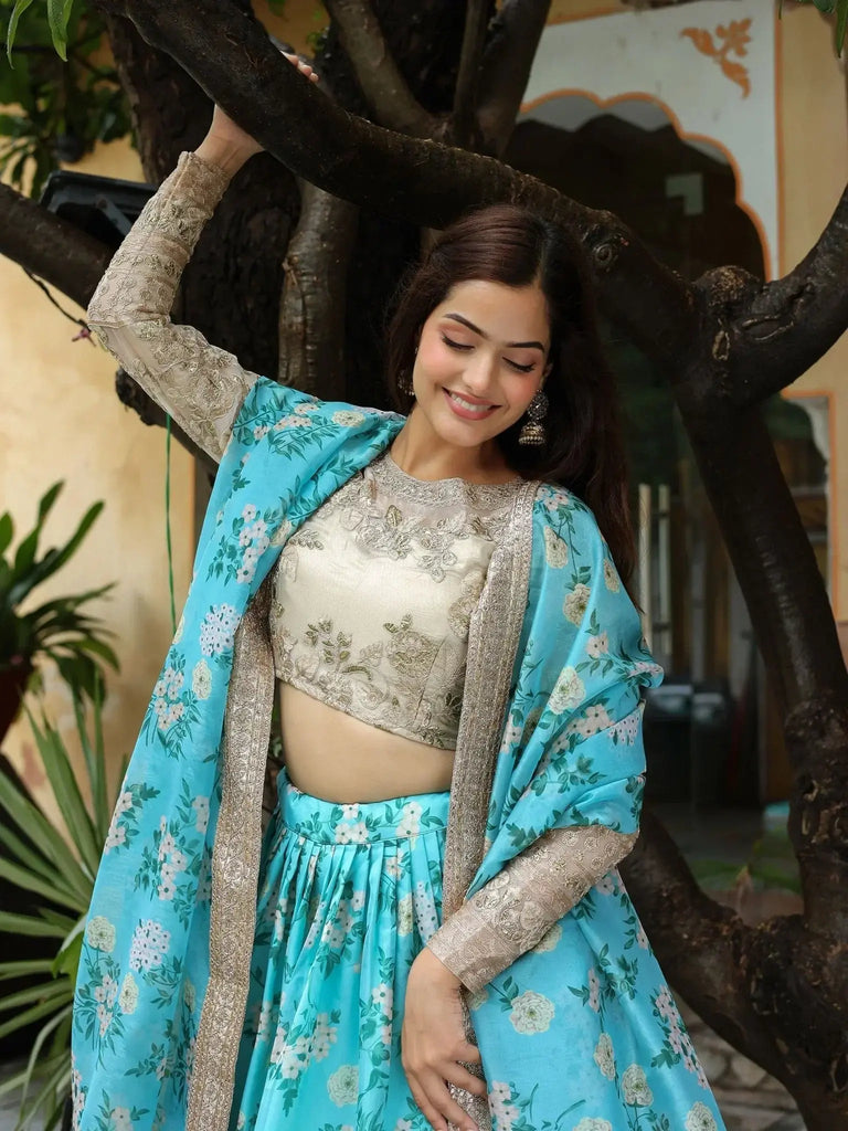 Captivating Sky Blue Floral Print Organza Function Wear Lehenga Choli - Ethnic Plus In
