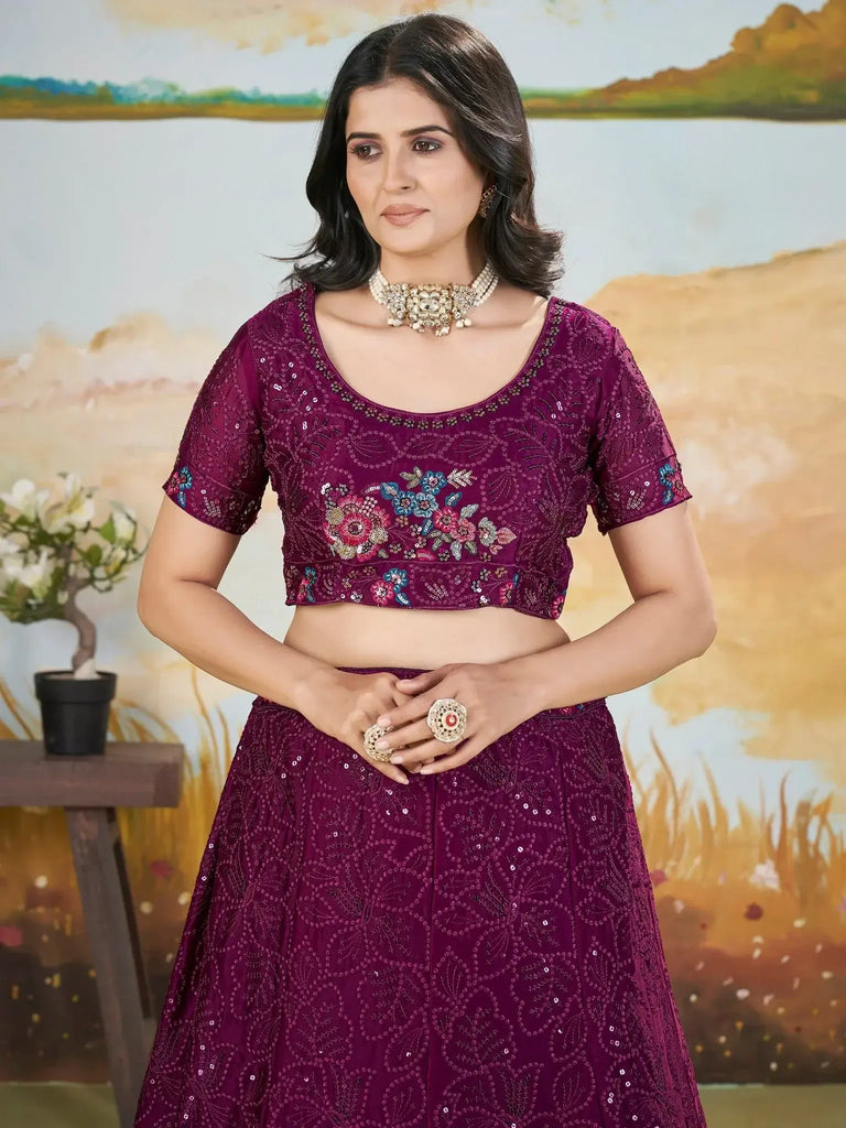 Captivating Wine Sequins Chinon Reception Wear Lehenga Choli - Ethnic Plus In
