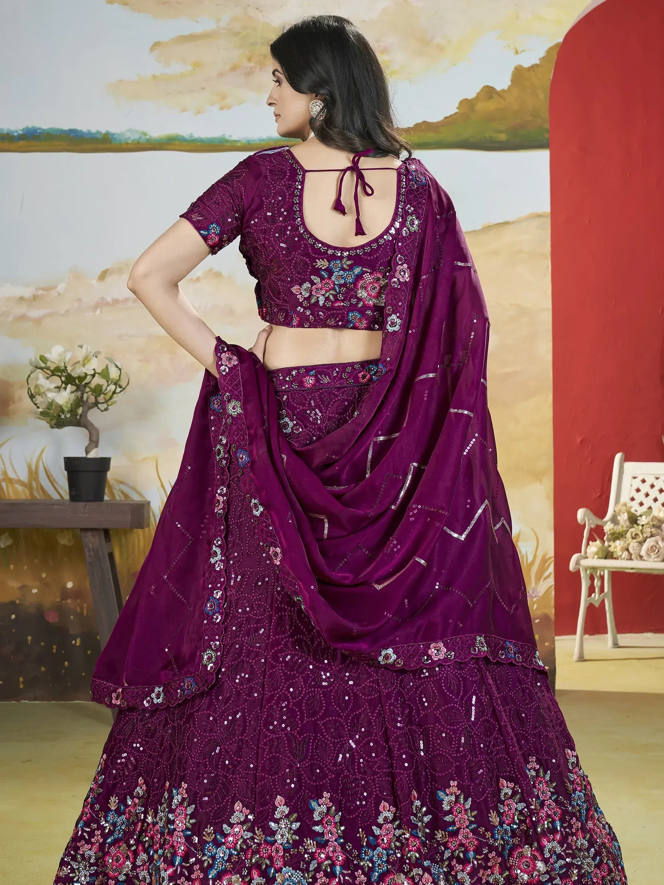 Purple floral embroidered lehenga choli with sequin work and back tie blouse