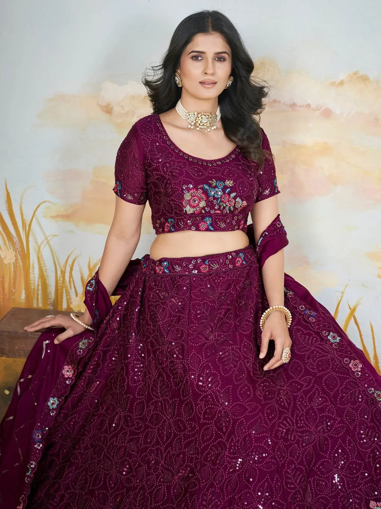 Captivating Wine Sequins Chinon Reception Wear Lehenga Choli - Ethnic Plus In