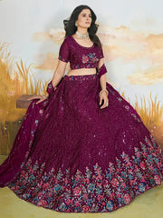 Captivating Wine Sequins Chinon Reception Wear Lehenga Choli - Ethnic Plus In