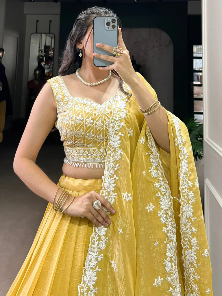Captivating Yellow Thread Embroidered Haldi Wear Lehenga Choli - Ethnic Plus In