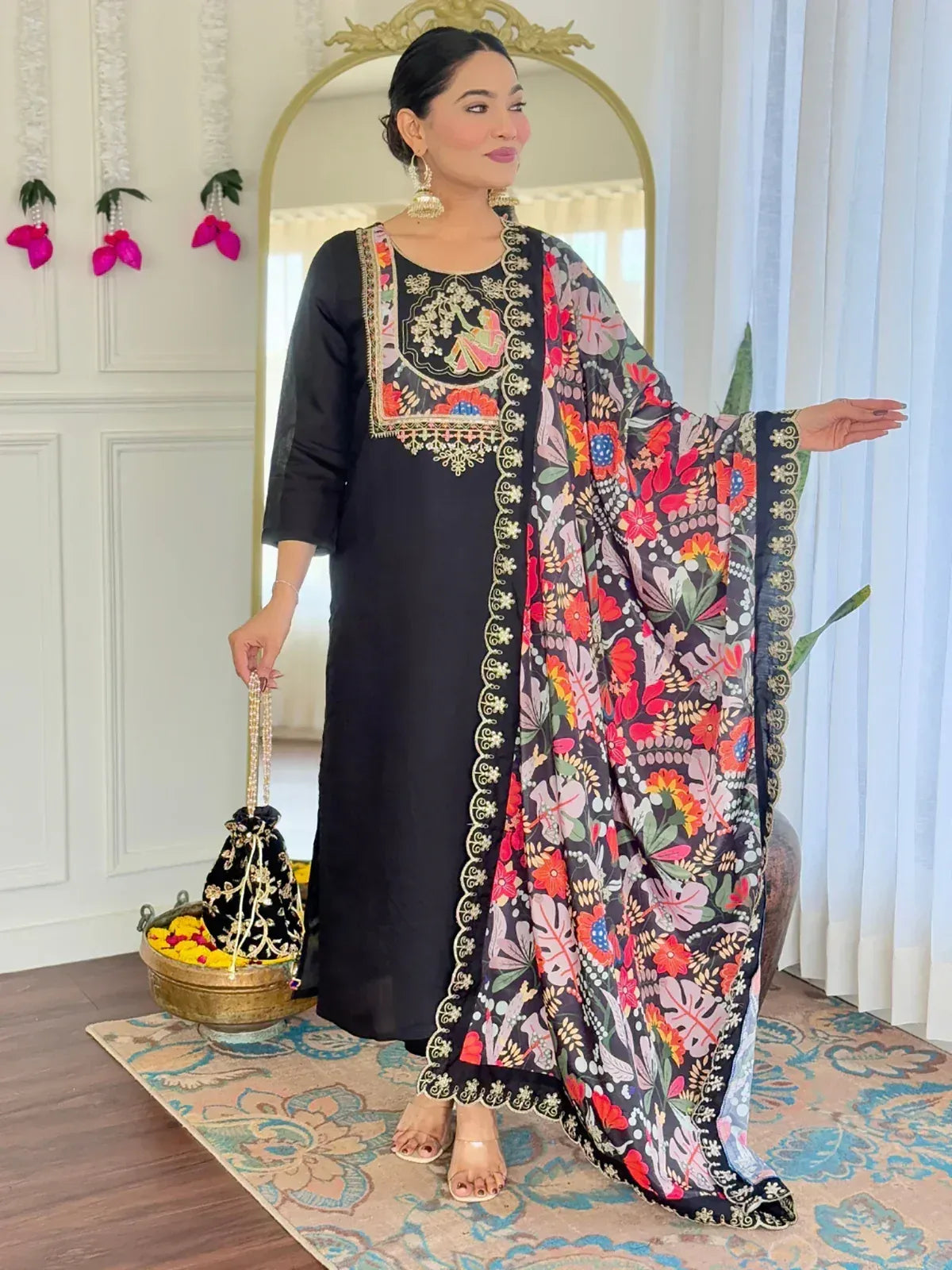 Black embroidered kurta with floral dupatta, Indian ethnic wear for women