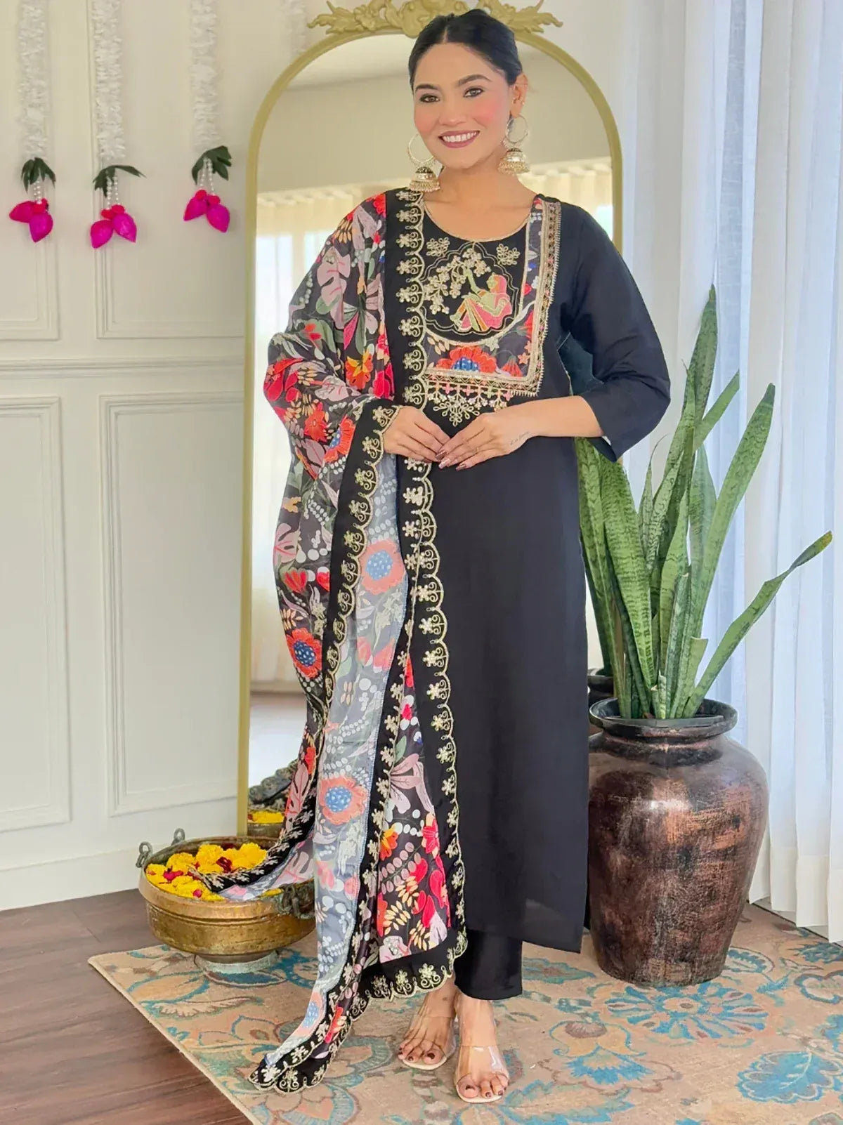 Black embroidered kurta with floral dupatta, ethnic wear for women, stylish Indian outfit