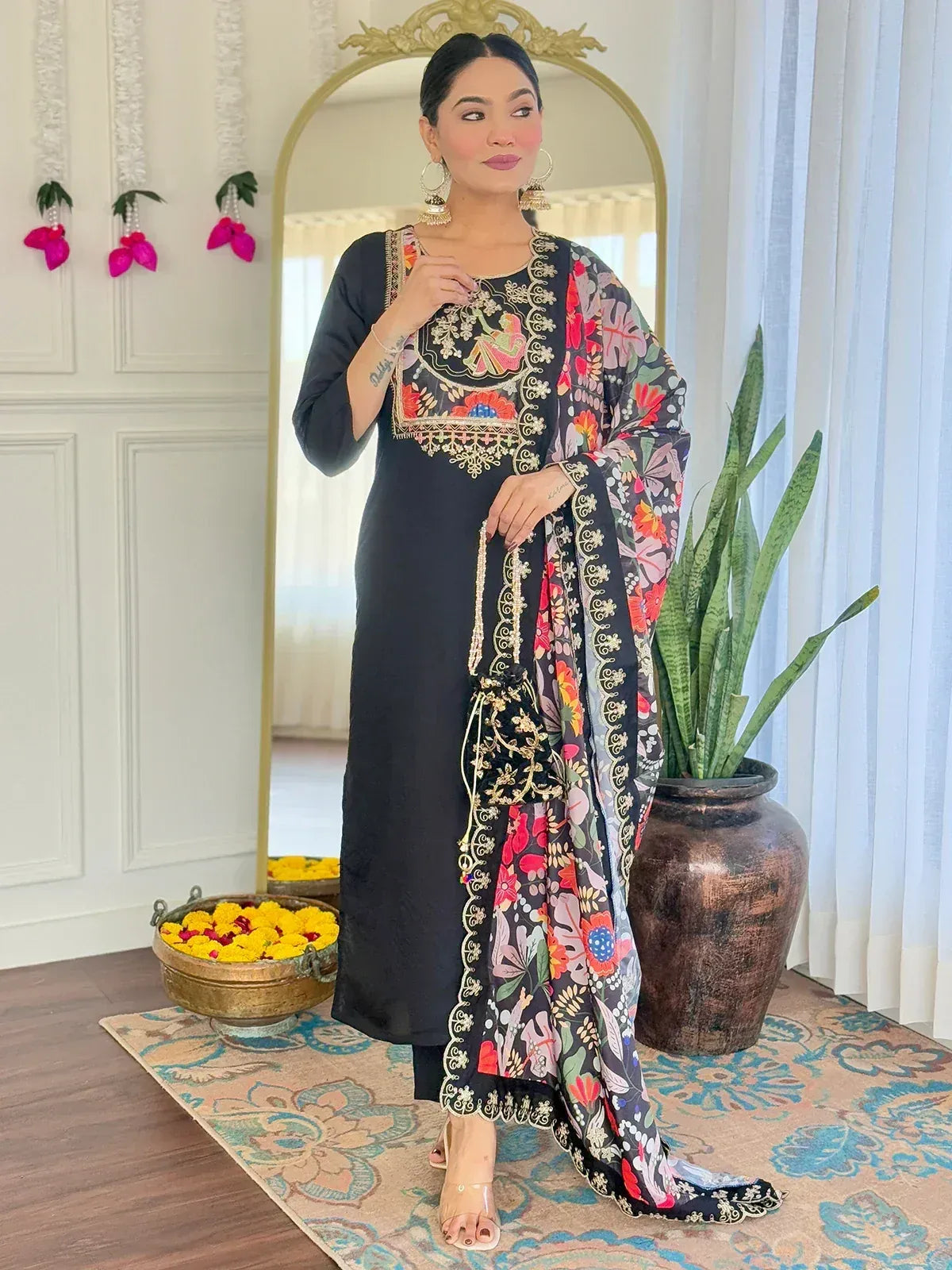 Black embroidered kurta with floral dupatta, Indian ethnic wear for women, stylish salwar kameez set