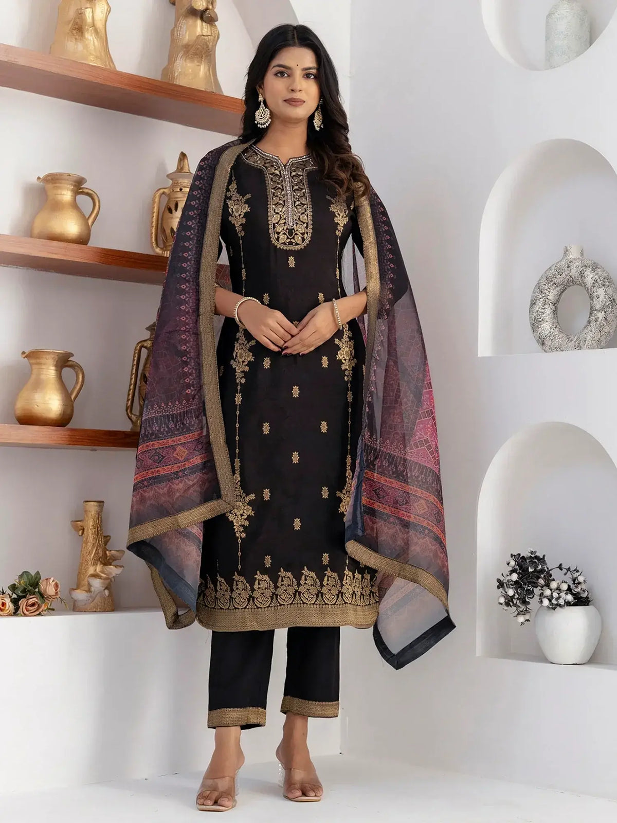 Captivating Black Zari Weaving Jacquard Festival Wear Pant Suit