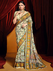 Captivating Off-White Printed Tussar Silk Event Wear Saree With Blouse