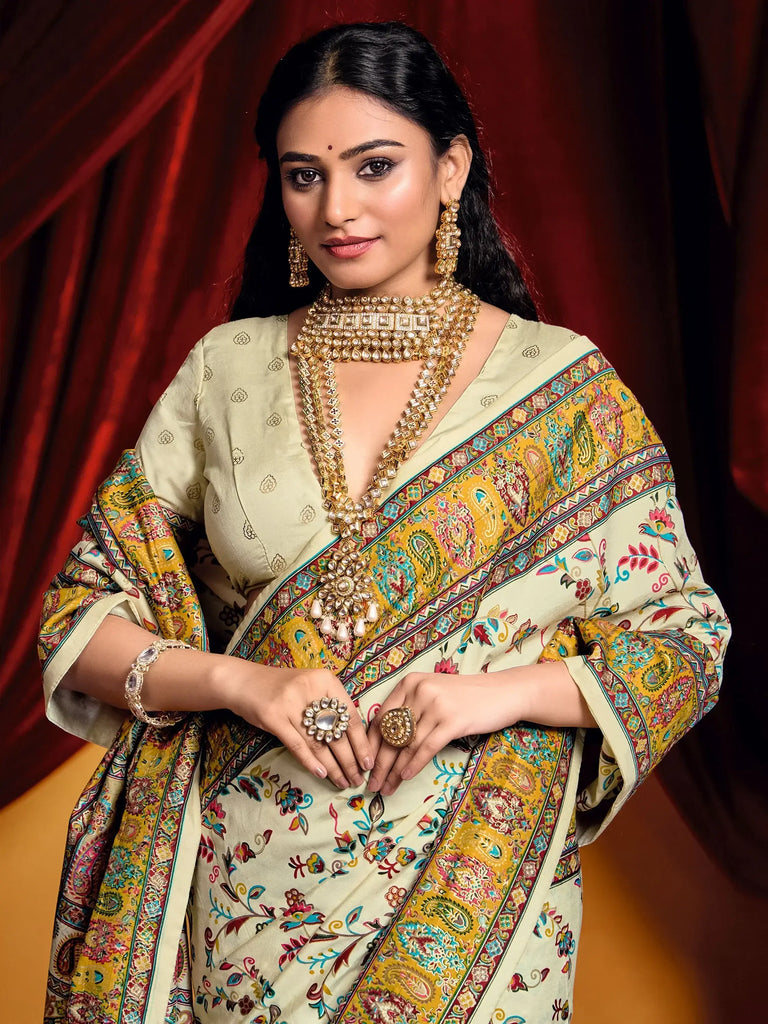 Captivating Off-White Printed Tussar Silk Event Wear Saree With Blouse