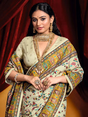 Captivating Off-White Printed Tussar Silk Event Wear Saree With Blouse