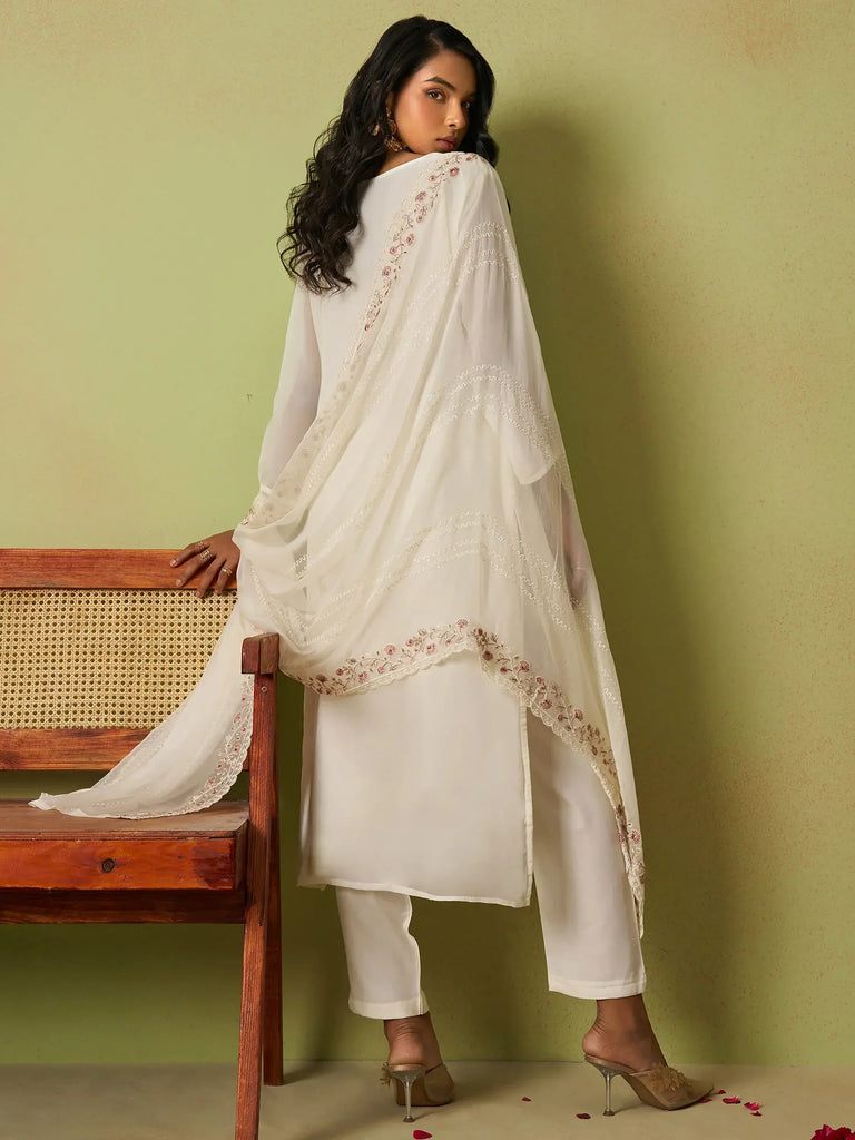 Captivating Off-White Thread Work Organza Traditional Pant Suit