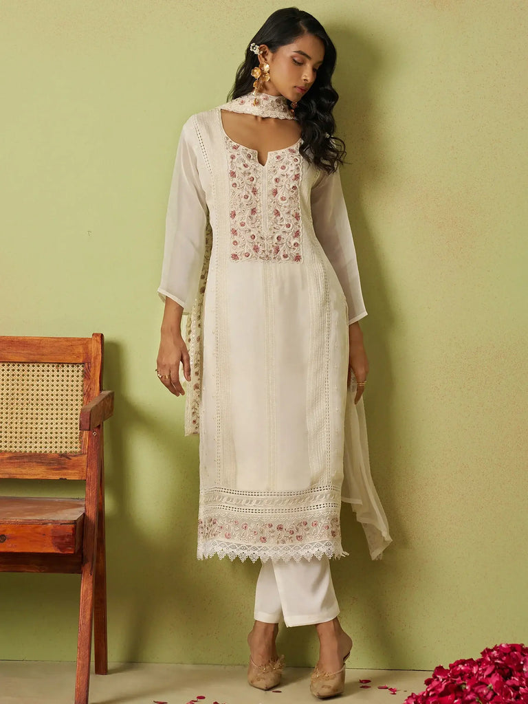 Captivating Off-White Thread Work Organza Traditional Pant Suit