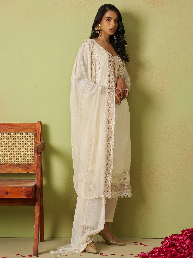Captivating Off-White Thread Work Organza Traditional Pant Suit