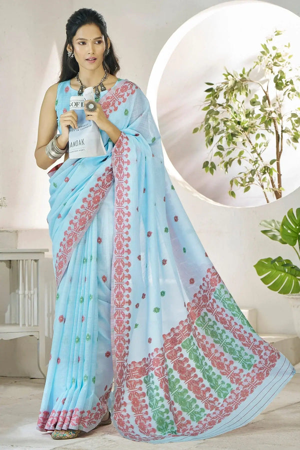 Captivating Sky-Blue Digital Printed Linen Office Wear Saree With Blouse