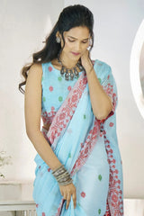 Captivating Sky-Blue Digital Printed Linen Office Wear Saree With Blouse