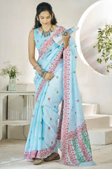 Captivating Sky-Blue Digital Printed Linen Office Wear Saree With Blouse