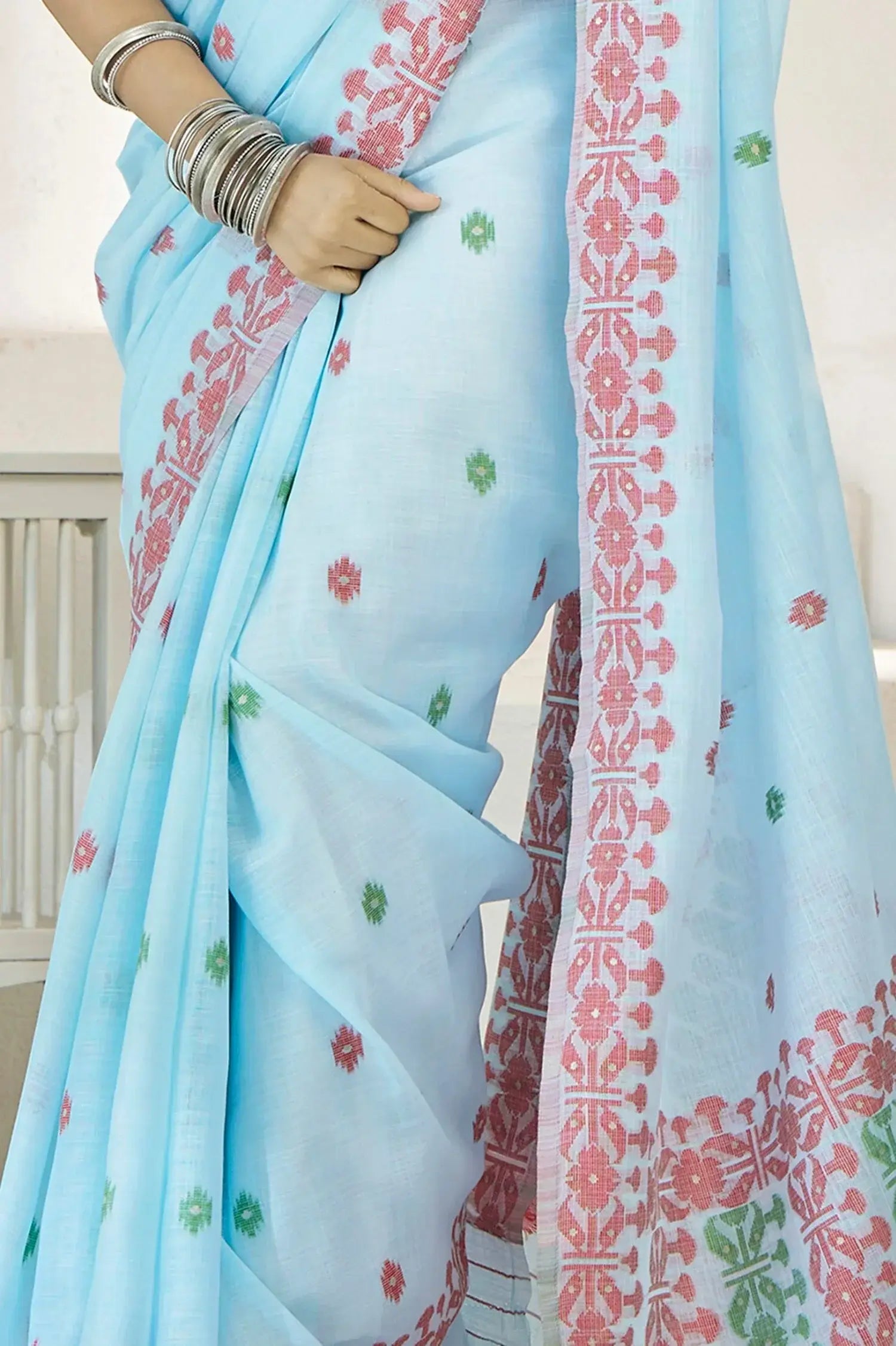 Captivating Sky-Blue Digital Printed Linen Office Wear Saree With Blouse