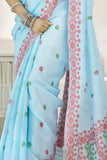 Captivating Sky-Blue Digital Printed Linen Office Wear Saree With Blouse
