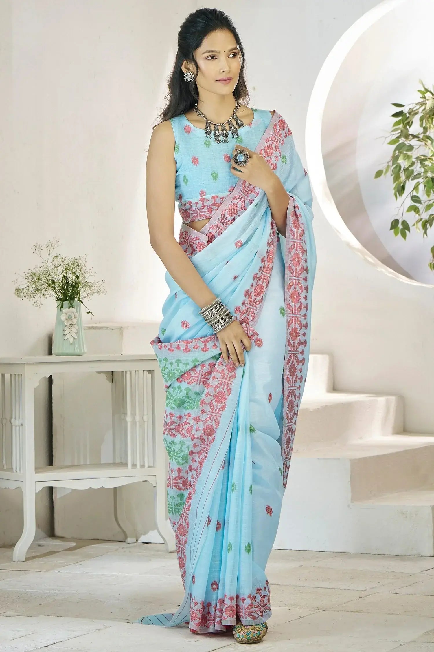 Captivating Sky-Blue Digital Printed Linen Office Wear Saree With Blouse