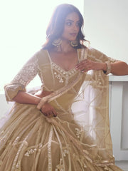 Charming Beige Thread Work Net Designer Lehenga Choli With Dupatta - Ethnic Plus In