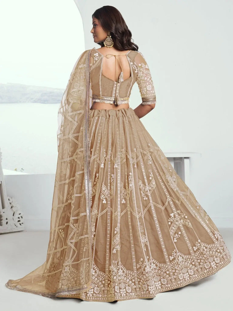 Charming Beige Thread Work Net Designer Lehenga Choli With Dupatta - Ethnic Plus In
