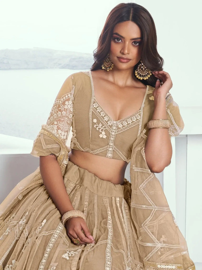 Charming Beige Thread Work Net Designer Lehenga Choli With Dupatta - Ethnic Plus In