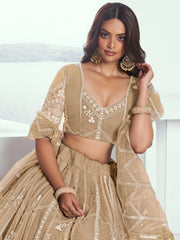 Charming Beige Thread Work Net Designer Lehenga Choli With Dupatta - Ethnic Plus In