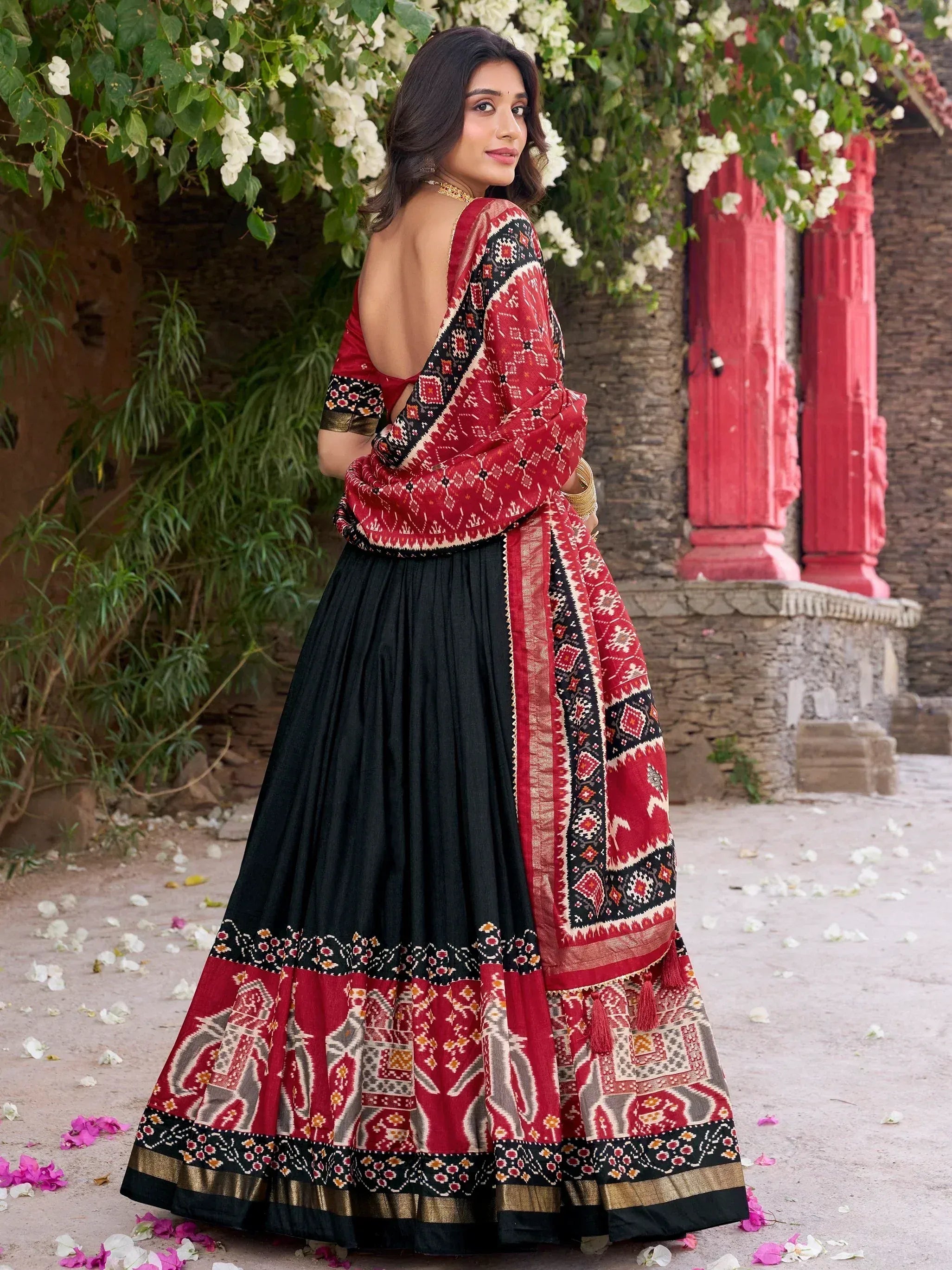 Red and black printed lehenga choli with backless blouse, ethnic wear for women