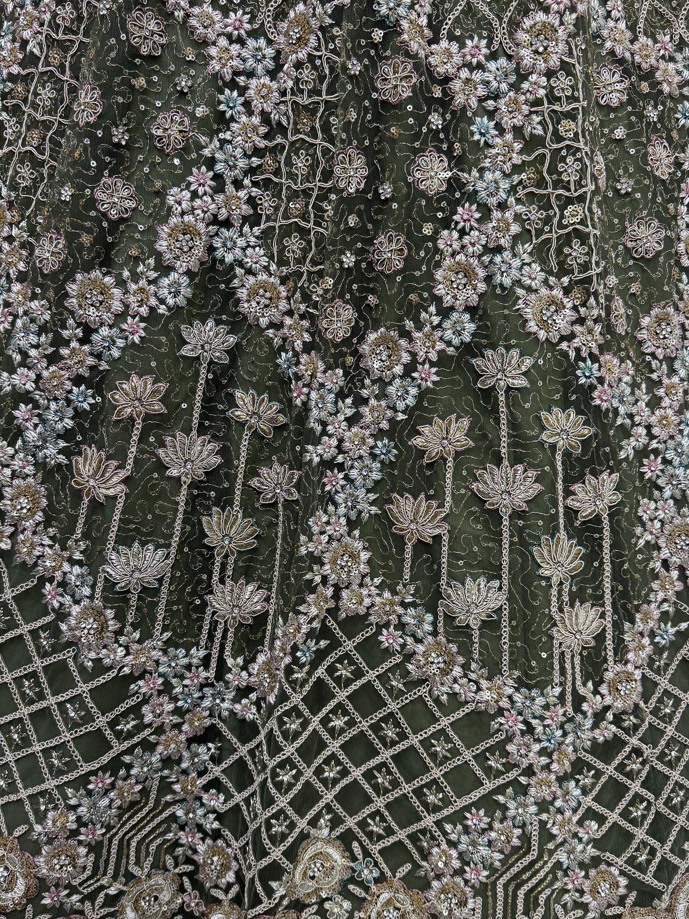 Luxury floral embroidered fabric with sequins and chain detailing for ethnic wear