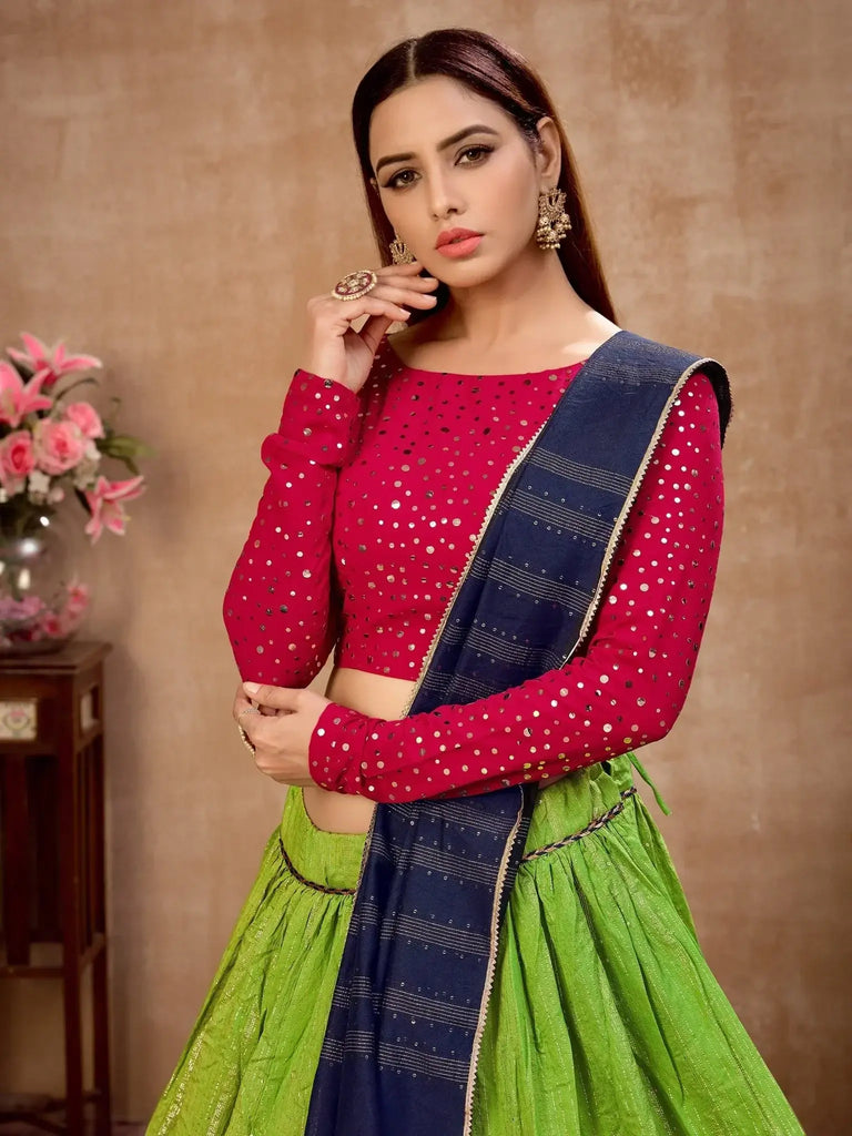 Charming Green Zari Work Cotton Party Wear Lehenga Choli With Dupatta - Ethnic Plus In