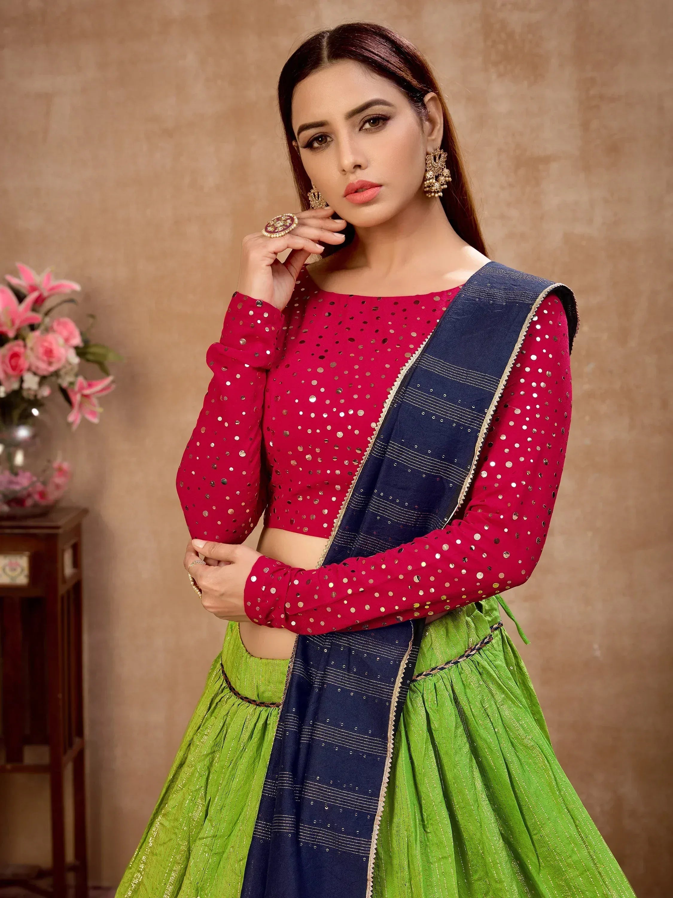 Red sequin crop top with green lehenga and navy dupatta, Indian ethnic wear