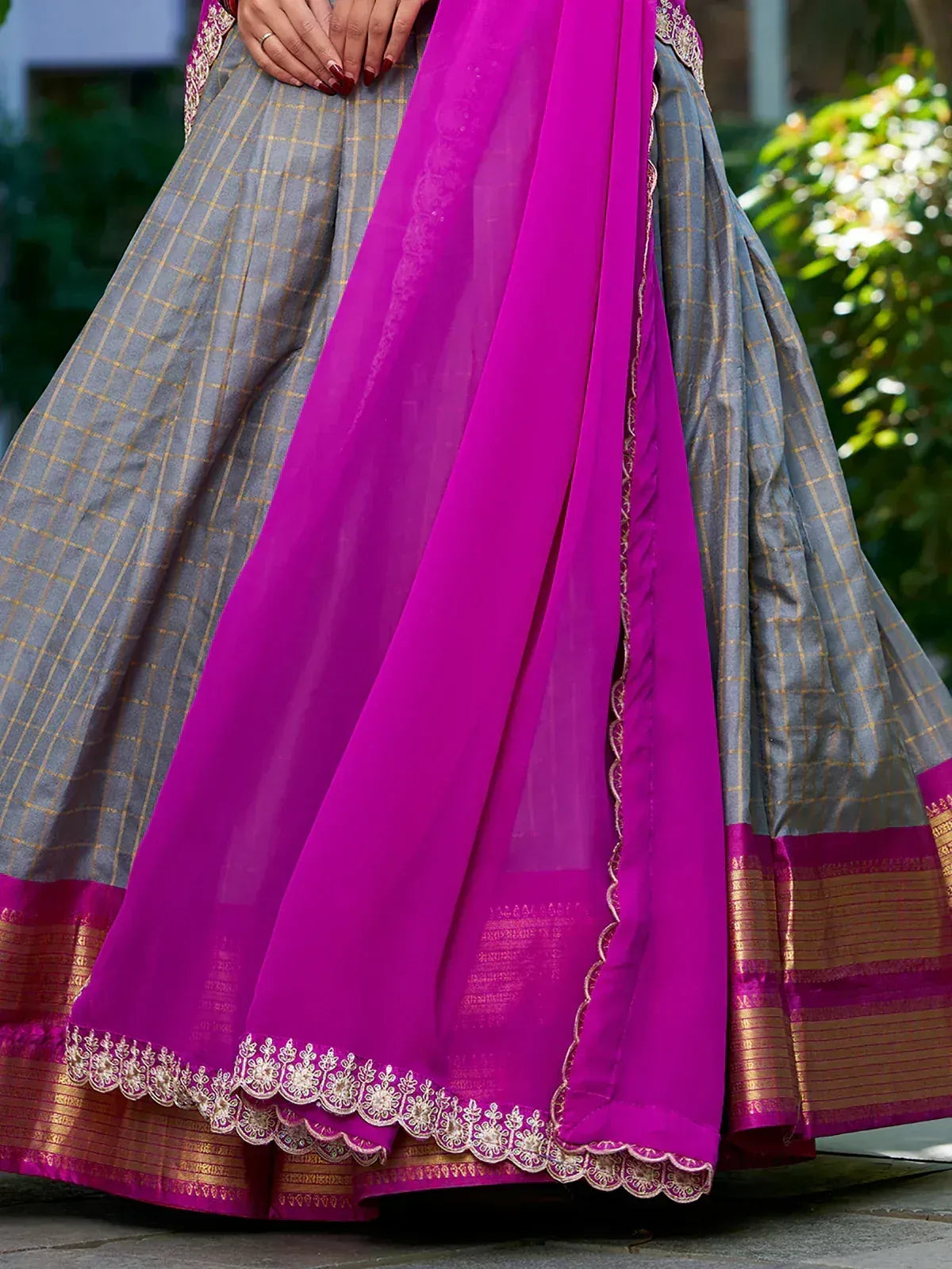 Grey checkered lehenga with magenta dupatta, gold embroidery, and silk border for ethnic wear