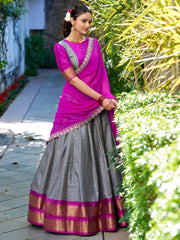 Charming Grey Zari Weaving Silk Onam Special Half Saree Lehenga - Ethnic Plus In