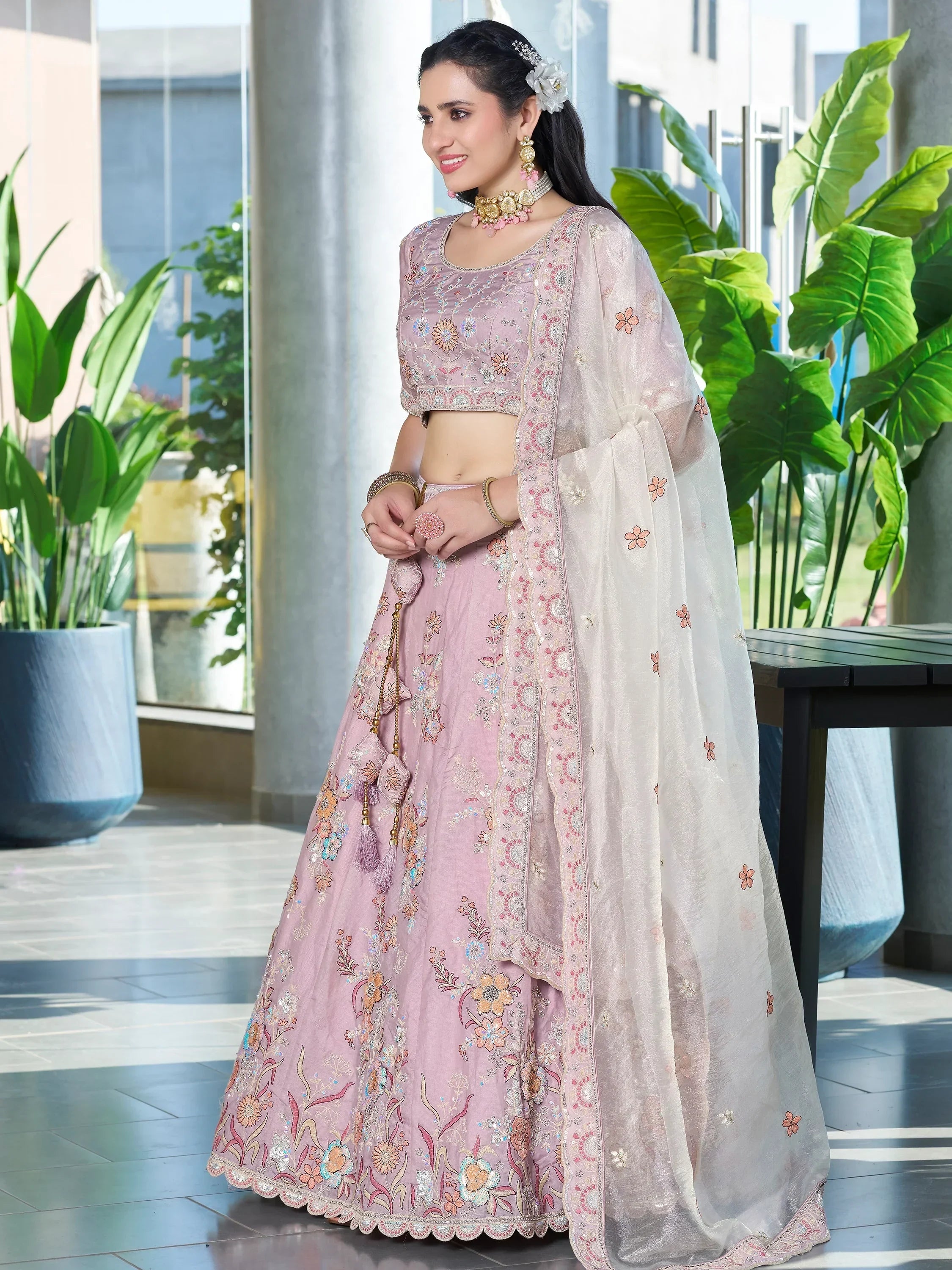 Pink floral embroidered lehenga choli with sheer dupatta, perfect for Indian ethnic occasions
