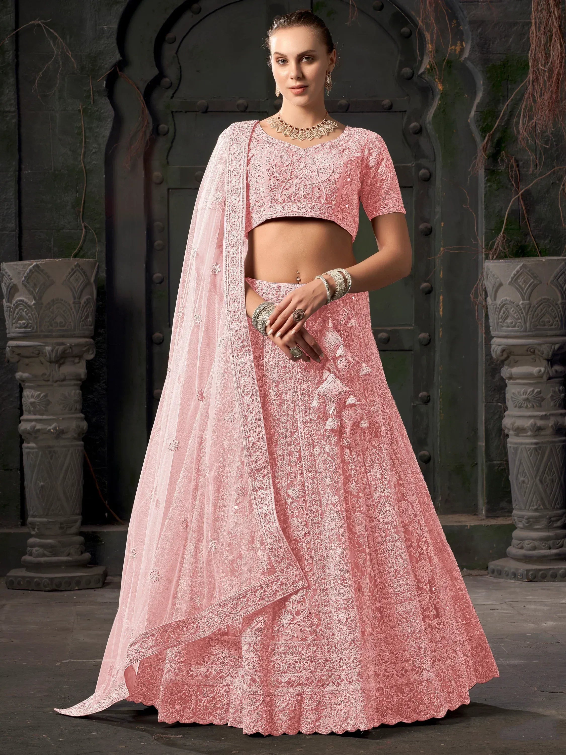 Pink embroidered lehenga choli with dupatta, Indian ethnic wear for women
